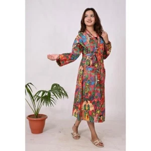 Printed Cotton Long Kimono – Boho Indian Robe, Women’s Ethnic Wrap Loungewear - Picture 1 of 5