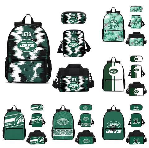 New York Jets Students School Backpack 4PCS Shoulder Bag Lunch Bag Pencil Case Cover