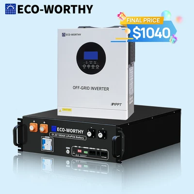 ECO-WORTHY 5.12kWh 48V 100Ah Lithium LiFePO4 Battery+5kW 48V Off-grid Inverter - Image 1 of 4
