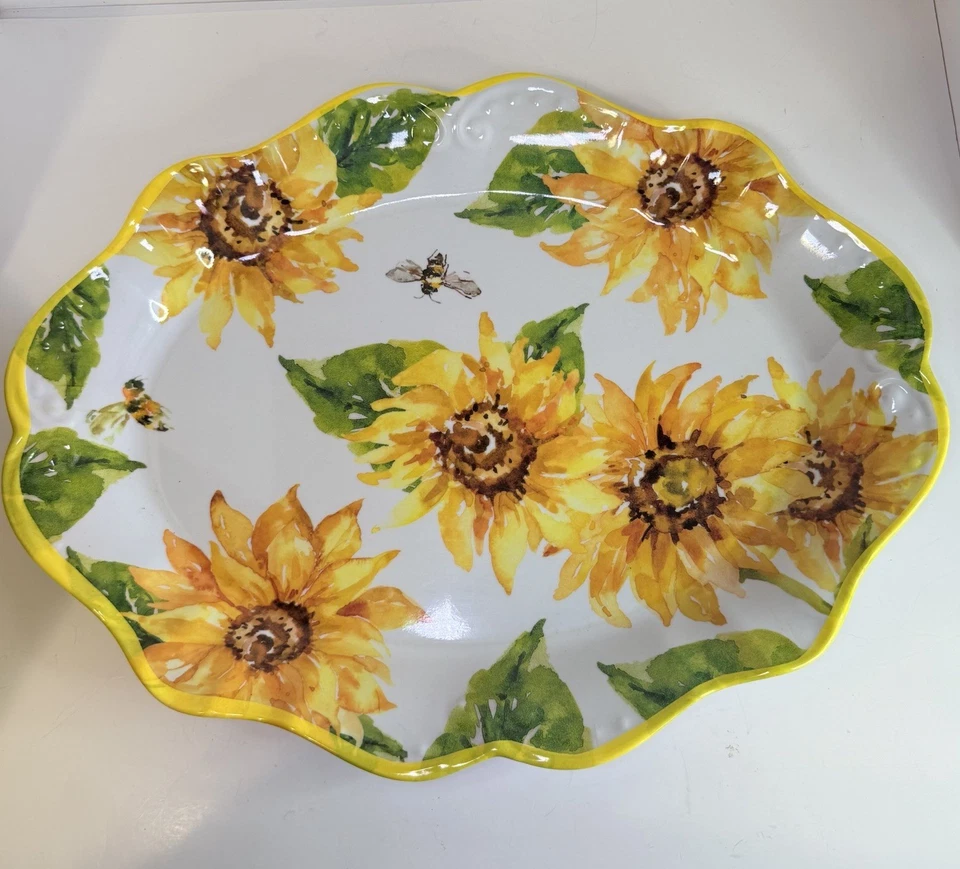 Sunflower Melamine Large Serving Platter Yellow Bees 18” Summer Garden Floral - Image 1 of 4