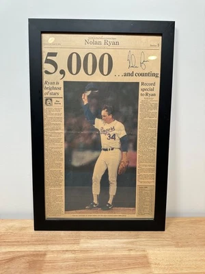NOLAN RYAN SIGNED FRAMED 5000K STRIKEOUT MILESTONE NEWSPAPER TEXAS RANGERS 1989 - Image 1 of 4