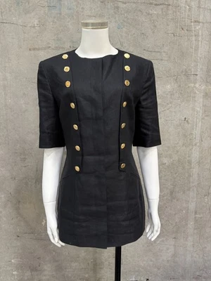 Louis Féraud Black Linen Military Tunic Vintage Blouse Gold Buttons Size 8 - Image 1 of 4