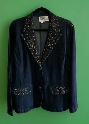 Diane Gilman G2 Blazer Denim Blue Jean Jacket W-Size L Bedazzled Embellished - Image 1 of 4