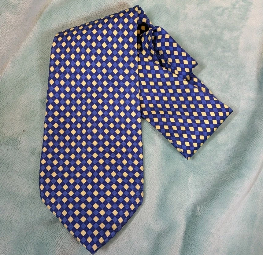 River Island Geometric Diamond Blue Yellow 100% Silk Tie Mens Formal Office - Image 1 of 4