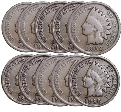 LOT OF 10 Indian Head Cent Pennies in G/VG (10 PC. LOT) Circulated FREE SHIP! - Image 1 of 4