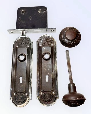 Antique Yale & Towne Nubian Door Knob Set + Back Plates & Mortise Lock Steel - Image 1 of 4