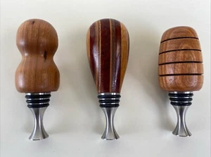 Hand Turned Wood Wine Bottle Stoppers Metal Handmade Lot of 3 - Picture 1 of 6