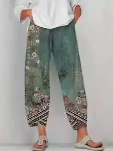 Women Green Floral Print Elastic Waist Pants Wide Leg Cropped Pants Clothing New - Picture 1 of 5