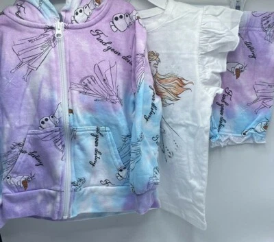 Girls Size 6 Frozen 2 Disney 3-Piece Short Outfit Set Zip-Up Hoodie Olaf Elsa - Image 1 of 4