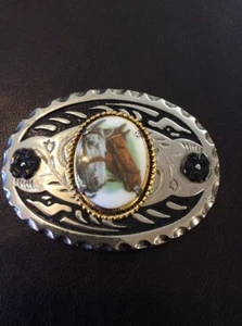 Oval Silver Plated Black InlayWester Indian Style Belt Buckle Horse Gold Roped - Picture 1 of 5