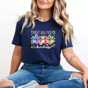 Treat All Peeps With Kindness TShirt Cute Easter Bunny Teacher Shirt Spring Gift - Picture 1 of 7