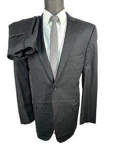 PRONTO UOMO Mens Black Wool Pinstripe Flat Front 2pc Suit 44L Jacket 37x32 Pant - Picture 1 of 12