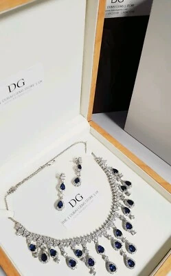 White gold finish pearcut sapphire and created diamond necklace valentines set - Image 1 of 4
