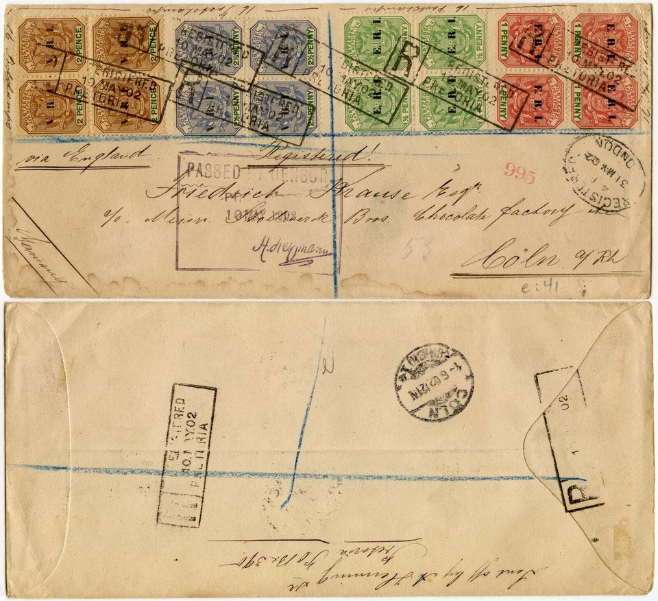 NARANJA LIBRE ESTADO BRITÁNICO.OCUPACIÓN 1902 ERI VRI MIXTO REGISTRADO vía LONDRES 31 DE MAYO Foto 1 de 1