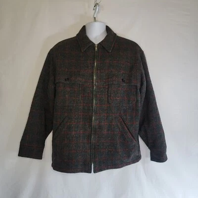 Vintage USA LL Bean Wool Gray Red Plaid Full Zip Coat Mens M - Image 1 of 4