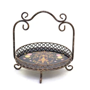 Iron Deco Stand w/Handles, Design Under Glass w/Defects- 12.5"Hx11"D - Picture 1 of 2