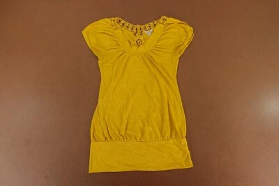 Blusa Pullover Energie Mujer Grande Mostaza Manga Corta Crochet Ribete Top Foto 1 de 4