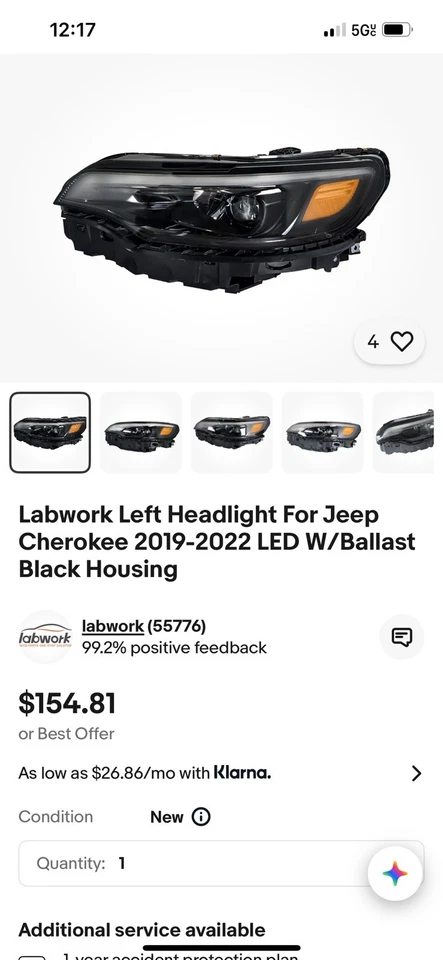 Labwork Left Headlight For 2019-2022 Jeep Cherokee LED W/Ballast Black Housing - Image 1 of 1