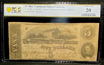 T-26 $10 1861 Confederate States Civil War Obsolete Banknote Currency, PCGS VF25 - Image 1 of 4