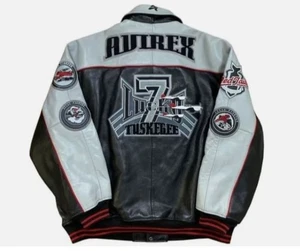 Chaqueta de Cuero Universitaria Avirex Lucky 7 Tuskegge Negra/Gris Años 90 De Colección -NUEVA - Imagen 1 de 4