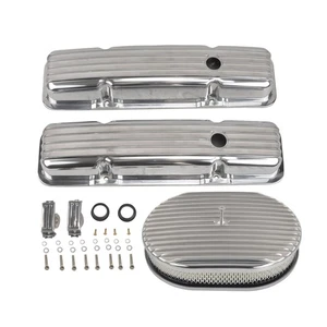 For SBC Chevy 350 58-86 Aluminum Finned Short Valve Cover &12'' Oval Air Cleaner - Bild 1 von 12