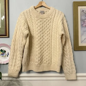 VTG LL Bean 100% Wool Fisherman Sweater Small Cable Knit Made in Ireland Cream - Picture 1 of 6