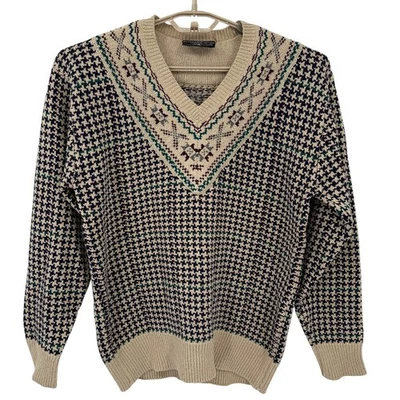 Suéter Preswick & Moore Vintage 100% Seda Fair Isle Pata de Gallo Cuello en V Pequeño Foto 1 de 4