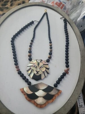 2 Vintage 80's , Lion Head,  Lee Sands? Enamel & Mother of pearl inlay necklaces - Image 1 of 4