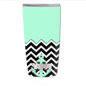 Skin Decal for Yeti 20 oz Rambler Tumbler Can Cup / Teal Black Chevron Anchor - Picture 1 of 1