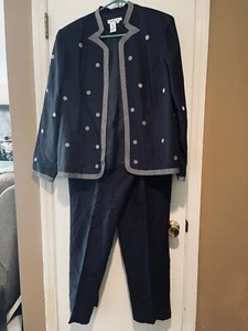 Coldwater Creek marineblauer Hosenanzug Leinenmischung vorne offen weiß gepunktet Design 10 - Bild 1 von 12