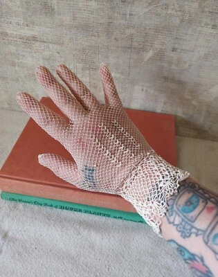 Antique 1900s Off White Crochet Lace  Gauntlet Cuff Gloves Victorian  - Image 1 of 4