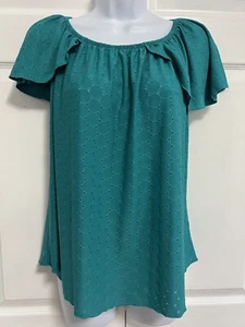 Kim & Cami Off The Shoulder Peasant Style Green Short Sleeve Top Medium - Picture 1 of 6