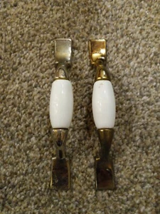 VINTAGE SET OF 2~ PORCELAIN & Tarnished GOLD DRAWER PULLS 3" hole space - Picture 1 of 2