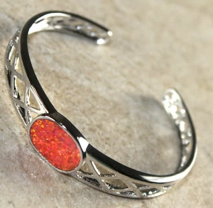 Bracciale ovale opale di fuoco arancione elegante argento estremità aperta - Foto 1 di 2