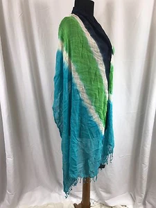 Sciarpa Cejon garzata viscosa tessuto verde bohemien bianco blu frange scialle 78 x22,5" - Foto 1 di 7