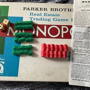 Vintage 1961 Monopoly Houses + 2 Dice + Rules