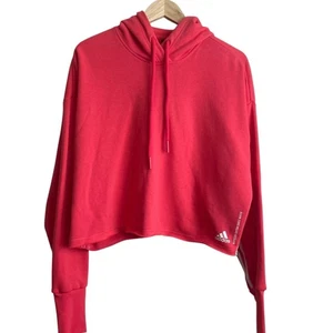 Adidas Women Crop Hoodie Sweatshirt L Pink Racing Stripes Streetwear Athleisure - Picture 1 of 13