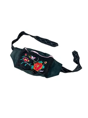 Black Boho Hippie Embroidered Floral Butterfly Canvas Fanny Pack  - Image 1 of 4