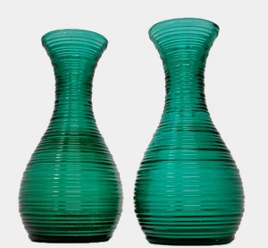 Vintage gesponnene Glasknospe Vase grün blau Imperial Glas Paar Set 2 Mini USA 5" - Bild 1 von 13