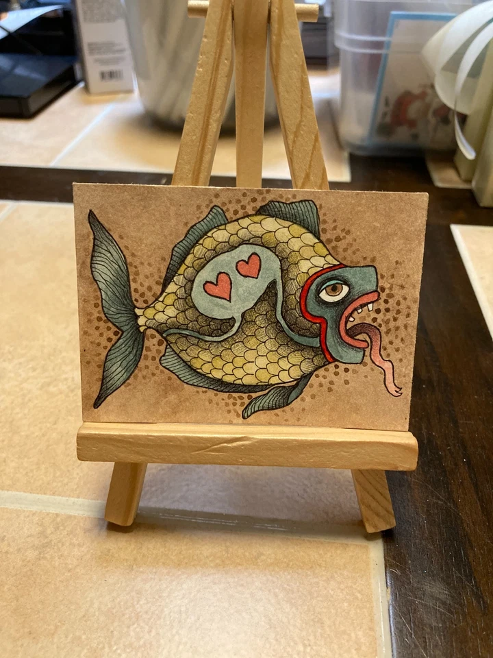 Tarjeta en miniatura pintura artística original ACEO ÚNICA EN SU CLASE Mini ATC peces abstractos #15 Foto 1 de 1