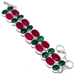 Ruby(Simulated), Emerald Gemstone Handmade 925 Sterling Silver Bracelet 7-8" - Picture 1 of 1