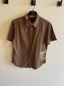 Men's Hawk size M brown with white pin stripes short sleeved shirt (17) - Picture 1 of 3