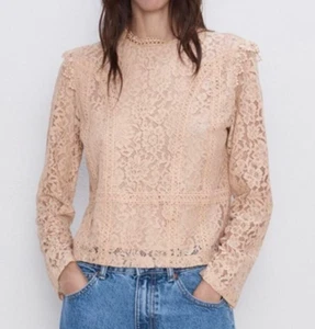 BNWT Zara Floral Corded Lace Nude Beige Frill Shoulder Long Sleeve Top XS 6 8 - Picture 1 of 14