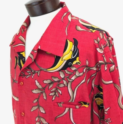 Vtg HILO HATTIE Men's Hawaiian Shirt FISH PRINT Red Black Yellow USA Size 3XL * - Image 1 of 4