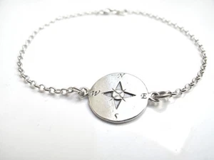 compass round 925 sterling silver bracelet link chain disc coin men women charm - Picture 1 of 5