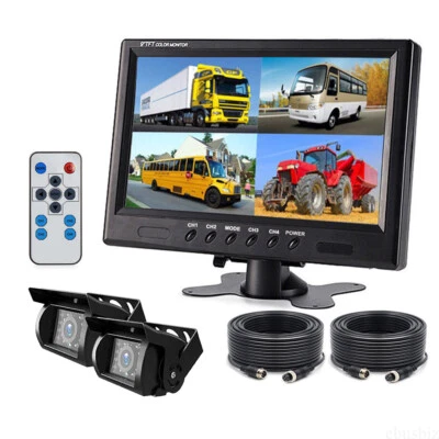 9" Quad Split Monitor Screen + 2 x Rear View Backup Camera 33Ft For Bus Truck RV - Image 1 of 4