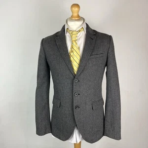 GAP Tweed Blazer Jacket Men's Small Dark Grey Country Herringbone Owl Patches - Picture 1 of 17
