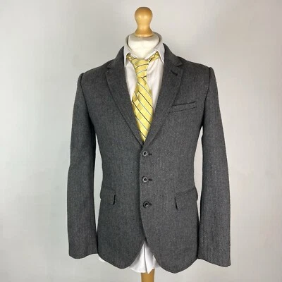 GAP Tweed Blazer Jacket Men's Small Dark Grey Country Herringbone Owl Patches - Image 1 of 4