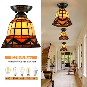 Tiffany Style Ceiling Lamp Fixture,Stained Glass Shade Flush Mount Light Bedroom - Picture 1 of 12
