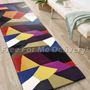 MATA HANDMADE WOOL GEOMETRIC MODERN FLOOR RUG RUNNER 80x400cm **FREE DELIVERY** - Picture 1 of 5